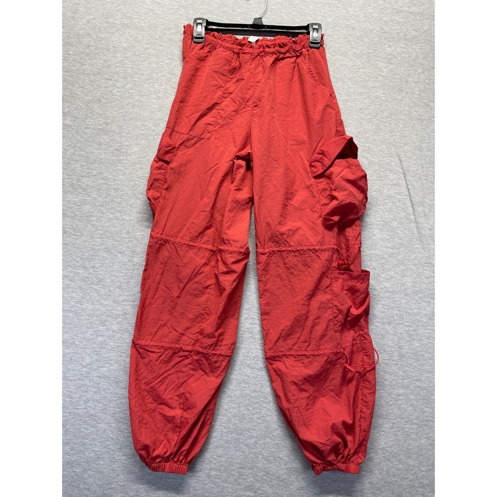 Womens Cargo Pants XS Red Parachute Nylon Functional Utility Pockets Tapered Leg